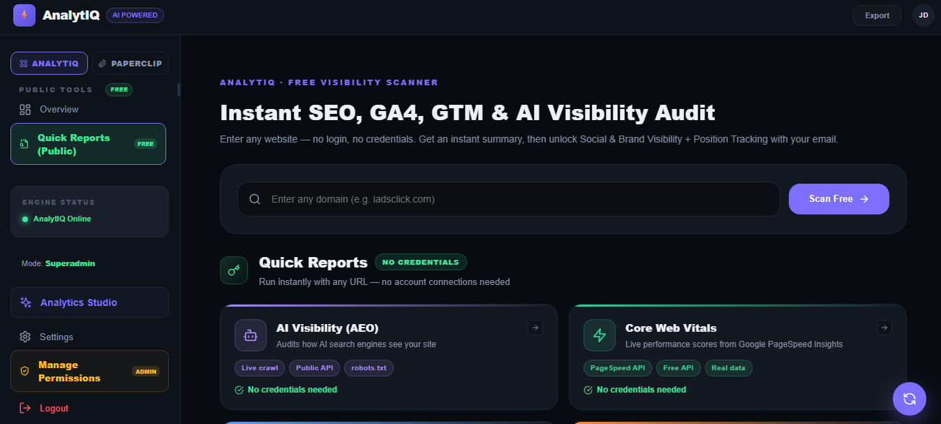 AnalytIQ — AI Agentic BI & AEO Scanner Platform — main screenshot